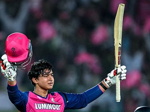 Vaibhav Suryavanshi celebrates after scoring a century during the Indian Premier League Twenty20 match between Rajasthan Royals and Chennai Super Kings
