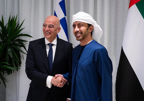 Sheikh Abdullah bin Zayed, UAE Deputy Prime Minister and Minister of Foreign Affairs, and Nikos Dendias, Minister of National Defence of the Hellenic Republic meet to discuss strengthening the partnership between their two nations.