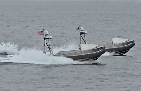 KAMIKAZE BOATS: Two Global Autonomous Reconnaissance Crafts (GARC), from Unmanned Surface Vessel Squadron 3 (USVRON 3), operate near the US Naval Amphibious Base Coronado May 15, 2024. The unmanned drone boats form part of the "layered" counter-srike led by the US to neutralise remnants of Iran regime threats in and around Hormuz.