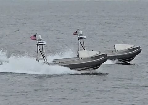 KAMIKAZE BOATS: Two Global Autonomous Reconnaissance Crafts (GARC), from Unmanned Surface Vessel Squadron 3 (USVRON 3), operate near the US Naval Amphibious Base Coronado May 15, 2024. The unmanned drone boats form part of the "layered" counter-srike led by the US to neutralise remnants of Iran regime threats in and around Hormuz.