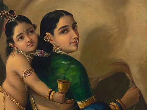 Painted in the 1890s, when Ravi Varma was at the height of his career, Yashoda and Krishna captures an intimate moment from the Shrimad Bhagavatam — the infant Krishna seeking his mother’s attention as she tends to household work.