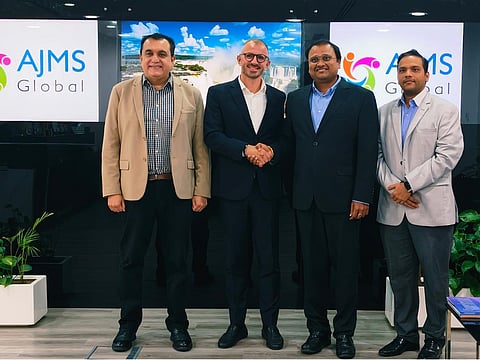 Left to Right: Rizwan Khan, Chief Business Officer, AJMS Global; Manuel Kessler, Managing Director, Deecke Global Partners Investment Consultancies L.L.C; Dr. Abhishek Jajoo, Chief Executive Officer, AJMS Global; and Vivek Mundhra, Managing Partner, AJMS Global — at the agreement signing ceremony in Dubai.