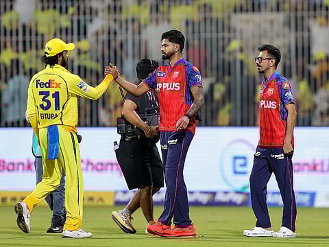 Punjab Kings' skipper Shreyas Iyer exchanges a handshake with Chennai Super Kings' skipper Ruturaj Gaikwad after their Indian Premier League 2026 match at MA Chidambaram Stadium, in Chennai on Friday.