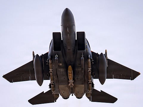 A US Air Force F-15E Strike Eagle aircraft takes off for a mission during Operation Epic Fury.