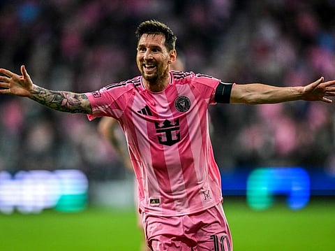 Messi celebrates after becoming Inter Miami's first-ever player to score at the Nu Stadium