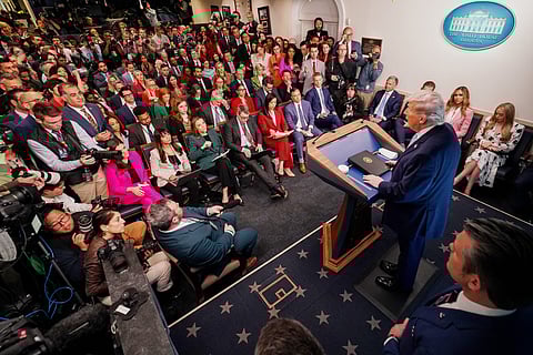 President Donald Trump speaks during a news conference in James S. Brady Press Briefing Room of the White House on April 06, 2026 in Washington, DC. President Trump spoke about the successful military mission to rescue a weapons systems officer whose F-15E Strike Eagle was shot down in Iran.