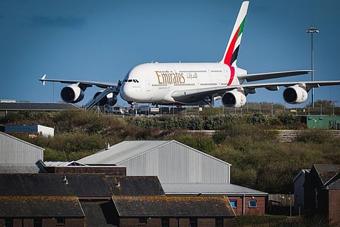 An Emirates A380 aircraft is seen parked at Cornwall Airport Newquay in the town of Newquay, southwest England.