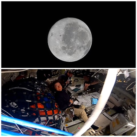 A view of the near side of the Moon, the side we always see from Earth, as seen from the Orion spacecraft and the Artemis II crew onboard their spacecraft Orion.