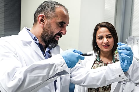 Professor of Chemistry at NYUAD Ali Trabolsi (left) and Lead Researcher at NYUAD Farah Benyettou (right)