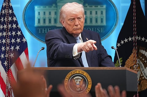 President Donald Trump speaks with reporters during a news conference in the James Brady Press Briefing Room at the White House, Monday, April 6, 2026, in Washington.