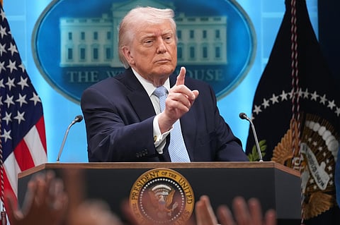 President Donald Trump speaks with reporters during a news conference in the James Brady Press Briefing Room at the White House.