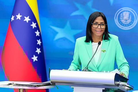 This handout picture released by the Venezuelan Presidency press office shows Venezuela's interim President Delcy Rodriguez speaking during a national broadcast in Caracas on April 8, 2026.