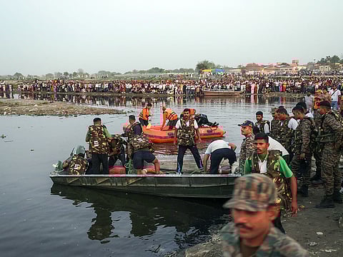 Rescue operation underway as a boat carrying tourists capsized in the Yamuna River leaving at least six people dead and several others missing in Vrindavan, in Mathura on Friday.