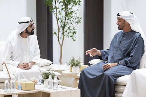 UAE President His Highness Sheikh Mohamed bin Zayed Al Nahyan, meets with HHis Highness Sheikh Mohammed bin Rashid Al Maktoum, Vice President, Prime Minister and Ruler of Dubai.