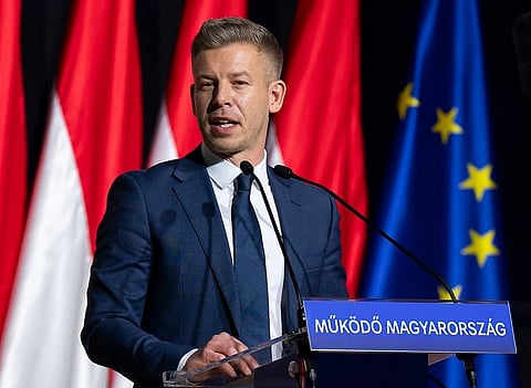 Péter Magyar, leader of the opposition Tisza party who will challenge Prime Minister Viktor Orbán in national elections on April 12, speaks during the party's campaign opener event in Budapest, Hungary on Sunday, Feb. 15, 2026. (AP Photo/Denes Erdos)