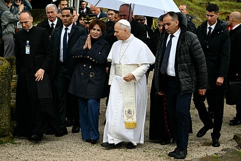 Pope Leon XIV visits the archaeological site of Hippo, in Annaba on April 14, 2026.