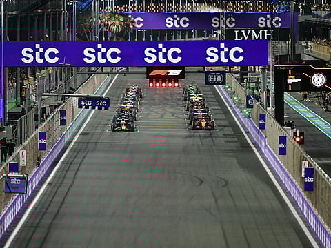 Drivers await start lights to kick off the 2025 Saudi Arabia Formula One Grand Prix at the Jeddah Corniche Circuit on April 20, 2025.