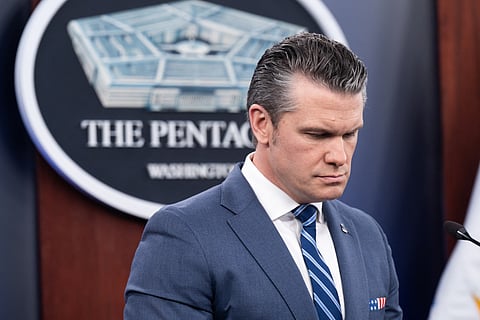 US Secretary of Defense Pete Hegseth speaks during a press briefing at the Pentagon in Washington, DC, on April 16, 2026.