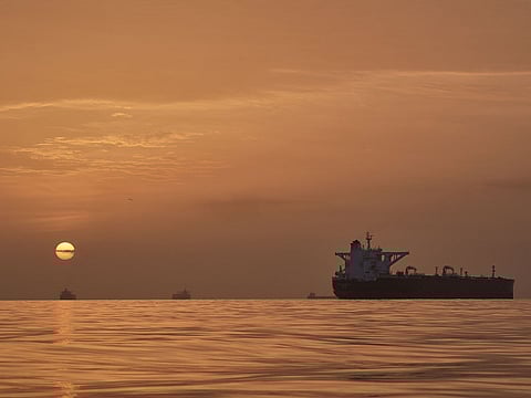 Tankers anchored in the Strait of Hormuz off the coast of Qeshm Island, Iran.