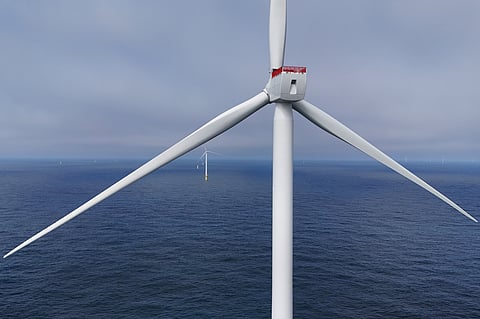 Turbines are visible at Sunrise Wind offshore wind farm that is under construction off the coast of Montauk Point, New York, Thursday, April 23, 2026. (AP Photo/Joshua A. Bickel)