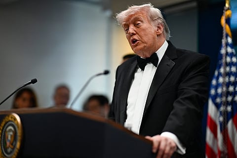 US President Donald Trump speaks during a press briefing in the Brady Briefing Room at the White House in Washington, DC, shortly after a shooting incident at the White House Correspondents’ Dinner on April 25, 2026.