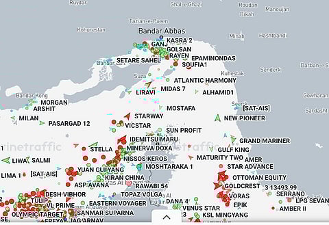 A screengrab taken from a data visualisation recording marine traffic on April 28, 2026 (2.30 am GMT).