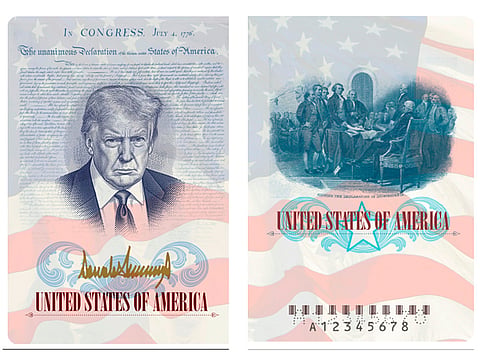 This rendering provided by the State Department shows an example of the limited release commemorative U.S. passports in honor of America's 250th birthday that the department is preparing.