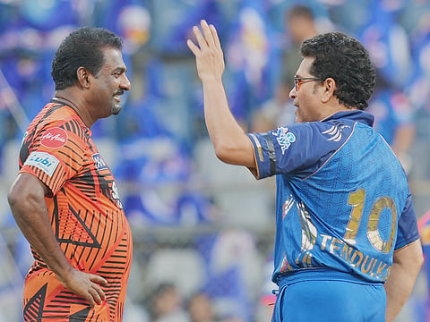 Mumbai Indians mentor Sachin Tendulkar, right, speaks with Sunrisers Hyderabad bowling coach Muthiah Muralidaran before the start of the IPL match between Mumbai Indians and Sunrisers Hyderabad in Mumbai, on Wednesday, April 29, 2026.