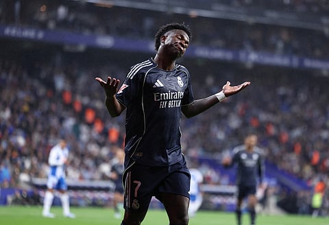 Real Madrid's Brazilian forward #07 Vinicius Junior reacts during the Spanish league football match between RCD Espanyol and Real Madrid CF at RCDE Stadium in Cornella de Llobregat on May 3, 2026.