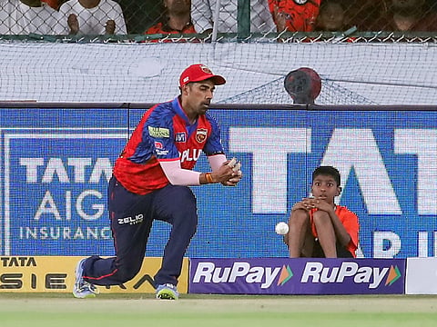 Punjab Kings' Shashank Singh drops a catch during the Indian Premier League 2026 match against Sunrisers Hyderabad at Rajiv Gandhi International Stadium, in Hyderabad on Wednesday.