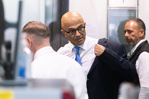 Microsoft CEO Satya Nadella arrives to court at the Ronald V. Dellums Federal Building on May 11, 2026 in Oakland, California.