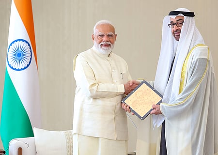 Indian Prime Minister Narendra Modi holds delegation-level talks with UAE President Sheikh Mohamed bin Zayed Al Nahyan in Abu Dhabi, UAE, on Friday, May 15, 2026.