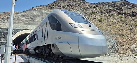 The Etihad Rail train at Al Bithnah Bridge in Fujairah