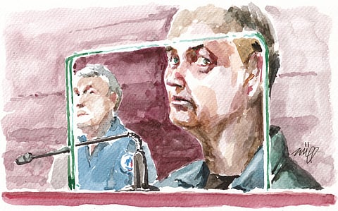 This court sketch on May 19, 2026 shows German Martin Ney, accused for kidnapping and murder of 10-year-old Jonathan Coulom who was disappeared in April 2004, in the courtroom on the first day of his trial in Nantes, western France.
