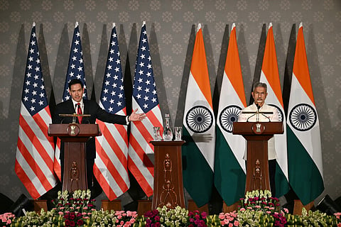 US Secretary of State Marco Rubio (L) addresses a joint press conference with India's Foreign Minister Subrahmanyam Jaishankar following their meeting at Hyderabad House in New Delhi on May 24, 2026.