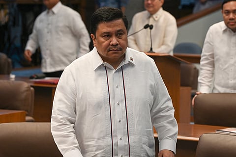 In this photo taken on May 18, 2026, Philippine Senator Jose Jinggoy Estrada (C) attends a session at the senate plenary hall in Manila.
