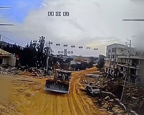 Screengrab from a video released by Hezbollah that claims to show the moment before an FPV drone attacks an Israeli bulldozer in Bint Jbeil, Lebanon.
