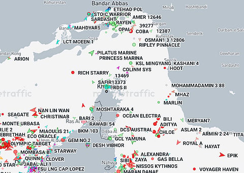 Ships in and around the Strait of Hormuz, between Iran and Oman, based on vessel tracker data from Marine Traffic, as of June 1, 2026