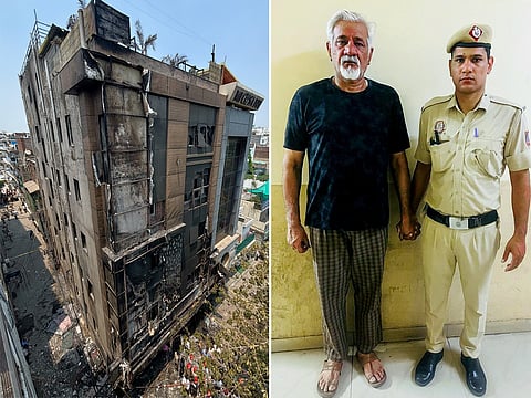 The gutted Hotel Flourish Stays in New Delhi and owner Lavkesh Bajaj in police custody after a fire at the property killed 21 people.
