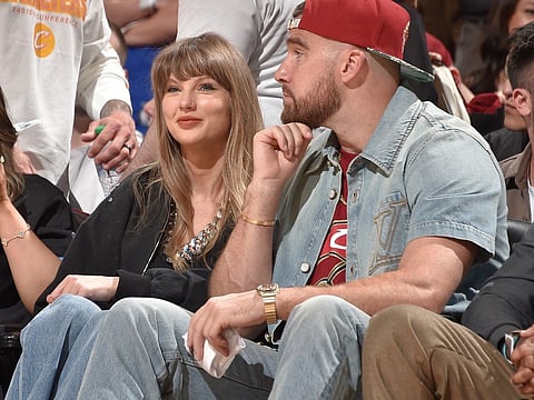 Taylor Swift and Travis Kelce attends the game between the New York Knicks and Cleveland Cavaliers during Game Three of the 2026 Eastern Conference Finals on May 23, 2026 at Rocket Arena in Cleveland, Ohio.