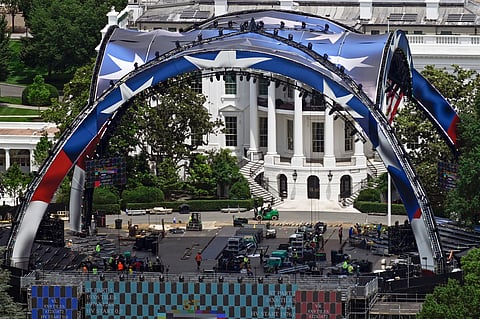 Construction continues on the arena on the South Lawn of the White House for a future UFC mixed martial arts fight, Saturday, June 6, 2026, in Washington. (AP Photo/John McDonnell)
