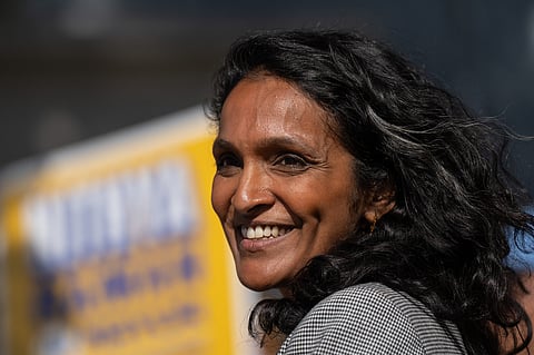 Nithya Raman, a candidate in the Los Angeles mayoral race, smiles during a campaign event discussing tenant protections with renters in Los Angeles, Monday, June 1, 2026.