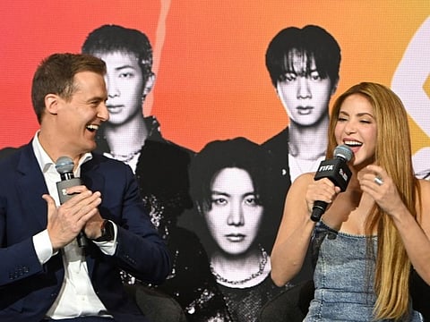 Hugh Evans, Founder & CEO of Global Citizen, and Shakira at the announcement of the FIFA World Cup Final Halftime Show during Global Citizen NOW 2026 at Spring Studios on May 14, 2026 in New York City.