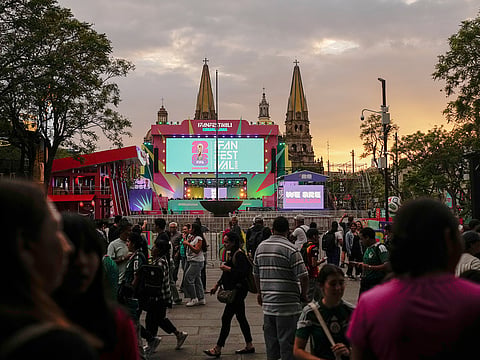People gather near the stage at a FIFA World Cup fan festival in Guadalajara, Mexico, Wednesday, June 10, 2026.