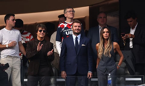 Tom Cruise, David and Victoria Beckham pictured during the FIFA World Cup 2026 Group D match between USA and Paraguay at Los Angeles Stadium on June 12, 2026 in Los Angeles, California.