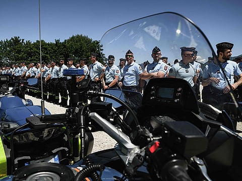 Members of the French gendarmerie motorcycle unit attend a general briefing as they prepare ahead of the G7 Summit in Evian, on June 12, 2026 in La-Roche-sur-Foron.