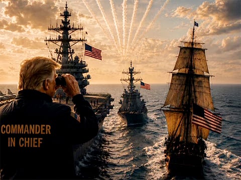 Trump posts a dramatic AI-generated visual on Truth Social, depicting him in a naval setting with warships and jets in formation, alongside the caption: “YOU’RE GETTING DISCOMBOBULATED.”
