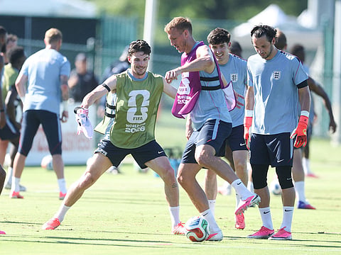 England's Declan Rice tackles Dan Burn during the World Cup 2026 Community Training Session on June 13, 2026 in Kansas City, Kansas.