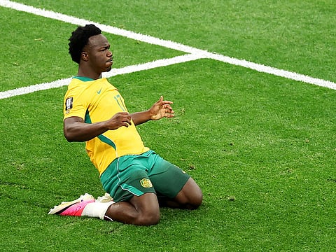 Nestory Irankunda of Australia celebrates scoring his team's first goal during the FIFA World Cup 2026 Group D match against Türkiye at BC Place Vancouver on June 13, 2026 in Vancouver, British Columbia.