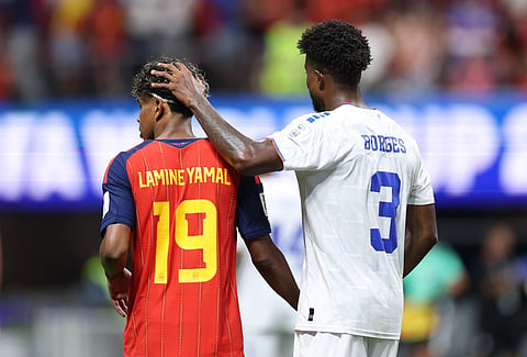 Diney Borges #3 of Cabo Verde interacts with Lamine Yamal #19 of Spain during the FIFA World Cup 2026 Group H match between Spain and Cabo Verde at Atlanta Stadium on June 15, 2026 in Atlanta, Georgia.